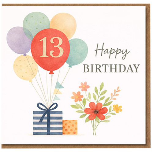 13th Birthday Card, Happy Birthday Balloon and Gifts Design