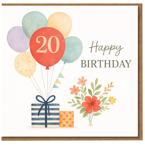20th Birthday Card, Happy Birthday Balloons and Flowers Design