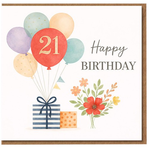21st Birthday Card, Happy Birthday Balloon and Floral Design