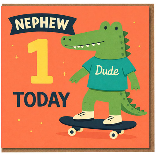 Nephew 1st Birthday Card, 1 Today Crocodile Skateboard Birthday Card