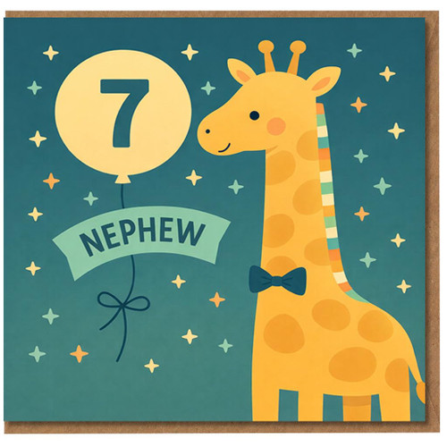Nephew 7th Birthday Card, Giraffe Balloon Design