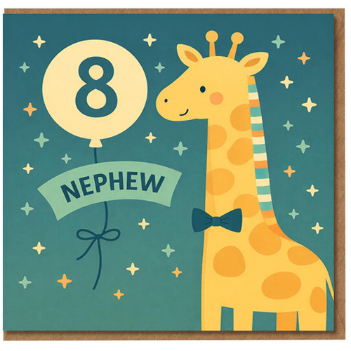8th Birthday Nephew Card - Cute Giraffe Balloon Design