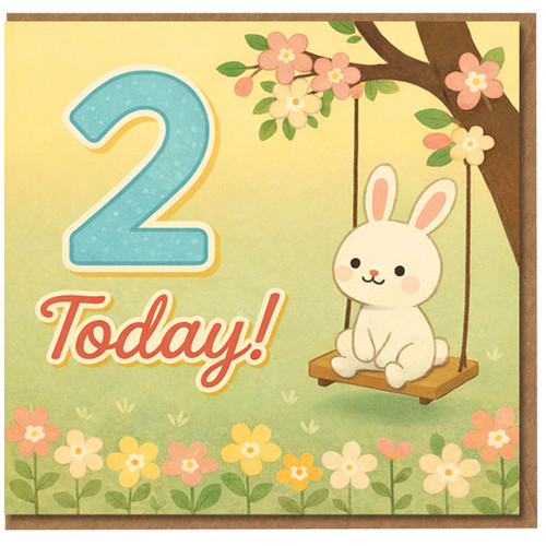 2nd Birthday Card, Cute Bunny on a Swing, Today!