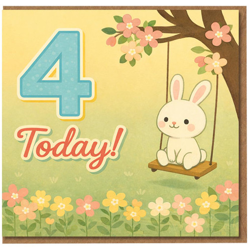 4th Birthday Card, Bunny Swing and Flowers