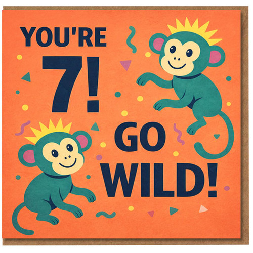 7th Birthday Card for Boy or Girl, You're 7 Go Wild Monkey Greeting Card