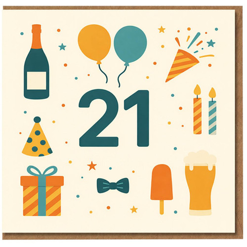21st Birthday Card, Fun Party Design with Balloons, Beer and Gifts