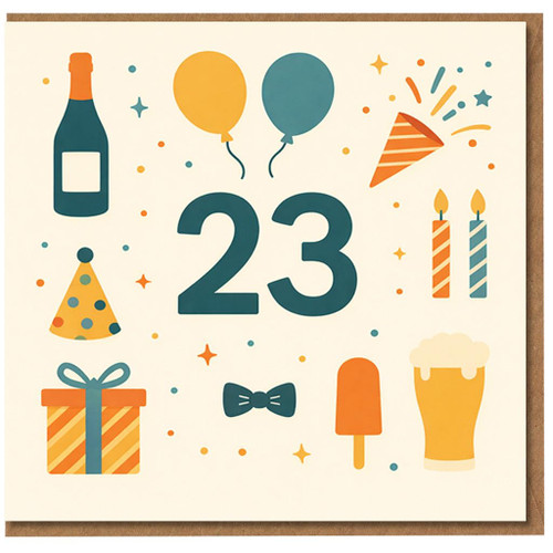 23rd Birthday Card, Colourful Party Icons Design