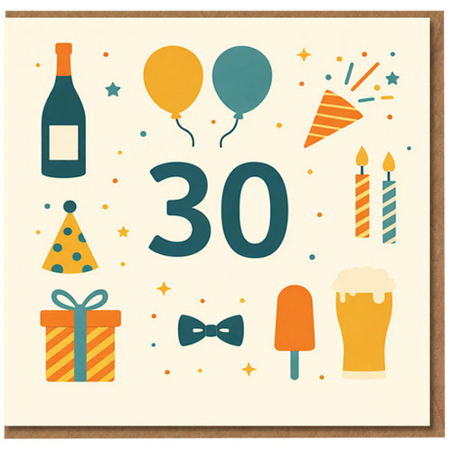 30th Birthday Card, Fun 30 Birthday Card with Party Drinks, Balloons and Gifts