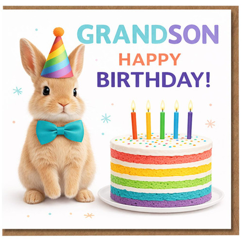 Grandson Happy Birthday Card, Cute Bunny and Rainbow Cake Birthday Card