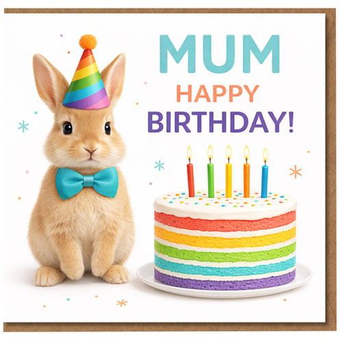Mum Happy Birthday Card, Cute Bunny and Rainbow Cake Birthday Card