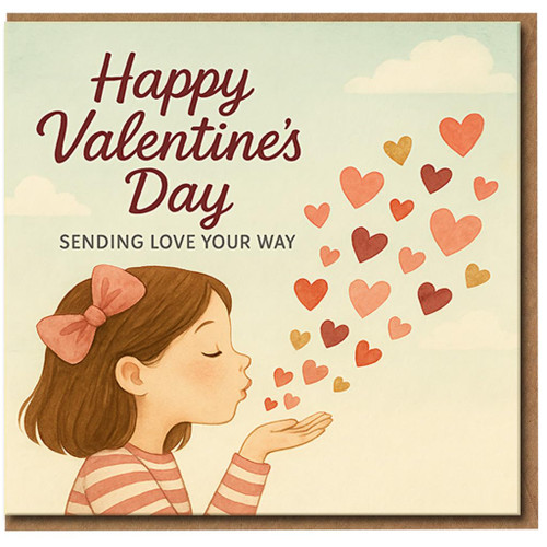 Happy Valentine's Day Card - Sending Love Your Way, Cute Girl Blowing Hearts Illustration, Romantic Love/Anniversary Greeting Card