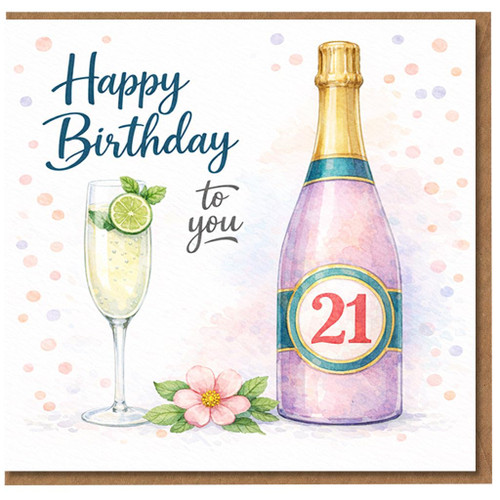 21st Birthday Card, Happy Birthday to You Champagne Bottle and Cocktail Glass Design