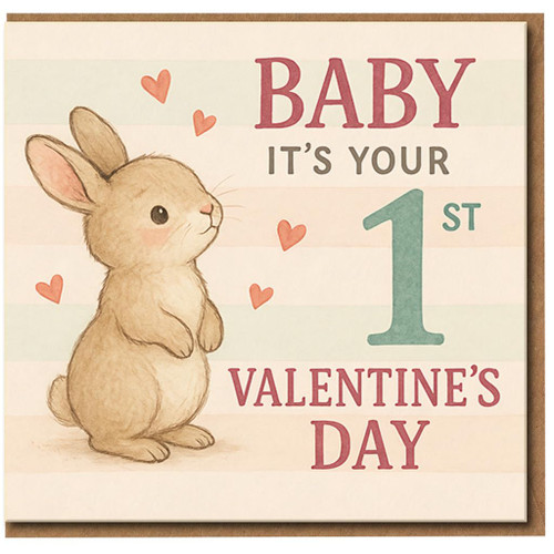 Baby's First Valentine's Day Card - Cute Bunny with Hearts - New Baby Boy or Girl - Sweet Keepsake for 1st Valentine's