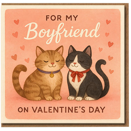 Valentine's Day Card for Boyfriend - Cute Cats Illustration, Romantic Love Card for Him, Sweet Hearts Design