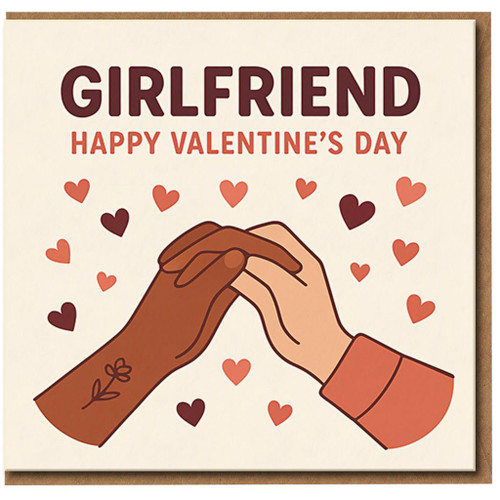 Girlfriend Valentine’s Day Card - Holding Hands Hearts Illustration, Cute Romantic Card for Her, Blank Inside