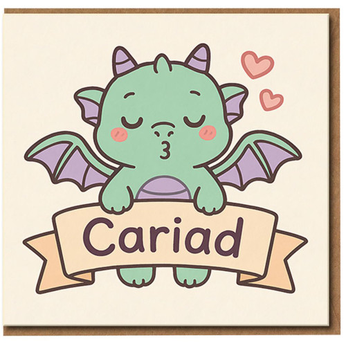 Cute Dragon Cariad Welsh Love Card - Kawaii Green Dragon with Hearts - Romantic Greeting Card for Valentine's Day, Anniversary or Just Because
