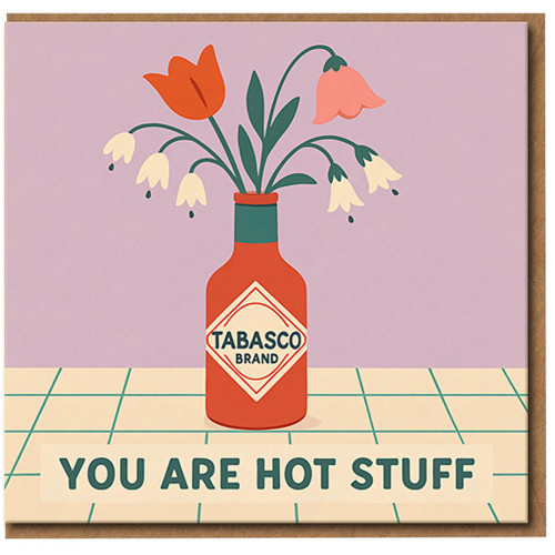 Funny Love & Anniversary Card - You Are Hot Stuff - Hot Sauce Bottle Vase with Flowers, Romantic Pun, Valentine’s Day Card