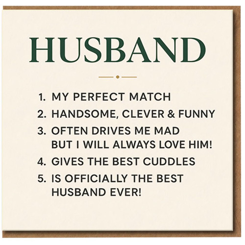 Husband Card - My Perfect Match, Handsome Clever & Funny, Best Cuddles - Sweet & Playful Love/Anniversary Card from Wife, for Birthday or Valentine's Day