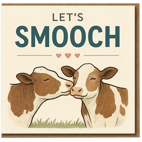 Let's Smooch Cow Couple Card - Cute Love/Anniversary Greeting with Kissing Cows and Hearts - Romantic Animal Card for Partner, Valentine's Day or Anniversary