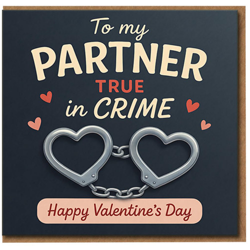 Funny Partner in Crime Valentine's Day Card - Heart Handcuffs Design - Romantic Card for Partner, Boyfriend, Girlfriend, Husband or Wife