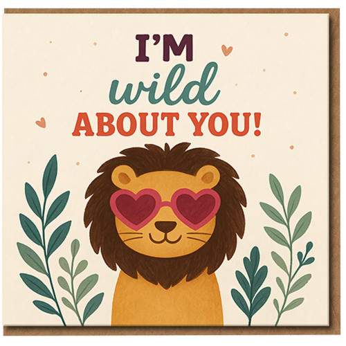 I'm Wild About You Lion Card - Cute Love/Anniversary Pun for Him or Her, Romantic Animal Design with Heart Sunglasses