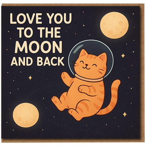Love You to the Moon and Back Cat Astronaut Greeting Card - Cute Space Cat Illustration, Romantic Love/Anniversary Card for Partner, Boyfriend, Girlfriend or Spouse