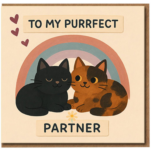 To My Purrfect Partner Cat Card - Cute Rainbow Cats Love/Anniversary Greeting Card for Partner, Romantic Pun