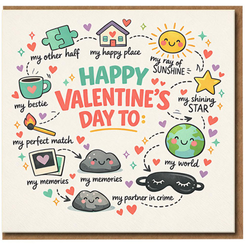 Happy Valentine's Day To You Card - Cute Doodles with My Other Half, My World, Shining Star & More - Fun Love Card for Him or Her