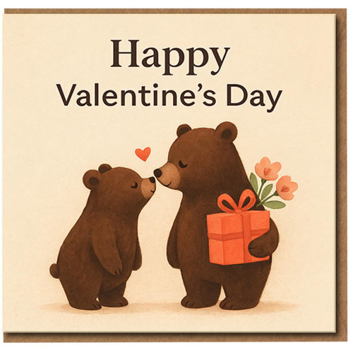 Cute Bear Couple Valentine’s Day Card - Adorable Bears with Gift and Flowers - Romantic Love Card for Partner, Wife, Husband, Boyfriend or Girlfriend