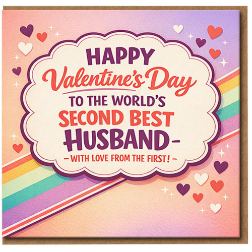 Funny Valentine’s Day Card for Husband - World’s Second Best Husband, From the First - Retro Rainbow Hearts Humour - Love Card for Him