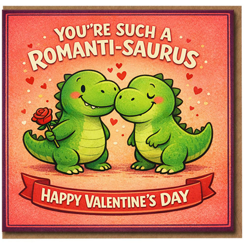Romanti-Saurus Dinosaur Valentine’s Day Card - Cute Funny Pun with Two Dinos and Hearts - Romantic Card for Partner, Boyfriend, Girlfriend, Husband or Wife