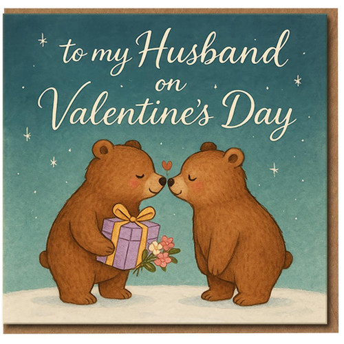 Valentine's Day Card for Husband - Cute Bear Couple Illustration with Gift and Heart - Romantic Card for Him from Wife or Partner