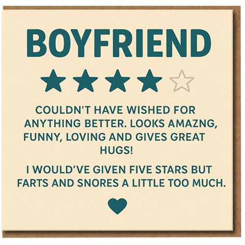 Funny Boyfriend Card - Five Star Review Design, Couldn't Have Wished for Anything Better, Hugs, Farts and Snores - Love Anniversary or Birthday Card for Him
