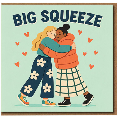 Big Squeeze Hugs Card - Cute Illustration of Two People Hugging with Hearts - Thinking of You/Get Well/Miss You - Blank Inside - A6 Greeting Card with Envelope