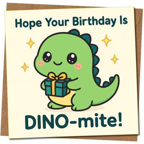 Cute Dinosaur Birthday Card – DINO-mite Pun, 145mm x 145mm, Funny Kids & Adults Greeting Card, Includes Kraft Envelope