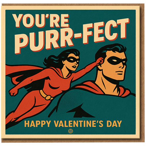 You're Purr-fect Retro Superhero Couple Valentine's Day Card - Funny Pun Love Card for Partner, Boyfriend or Girlfriend