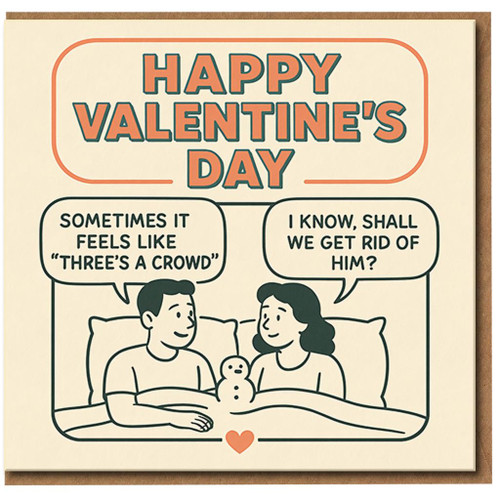 Funny Valentine's Day Card - Three's a Crowd Bed Cartoon - Humorous Romantic Card for Partner, Boyfriend, Girlfriend, Husband or Wife
