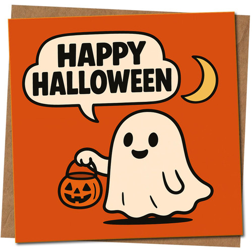 Happy Halloween Cute Ghost Card - Square 145mm x 145mm - Fun Pumpkin Bucket Design -, Includes Kraft Envelope