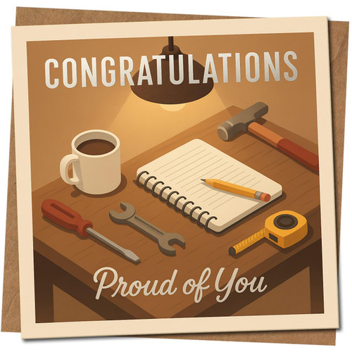 Congratulations Card - Proud of You Tools Design, Square Greeting Card for New Job, Promotion or Graduation, 145mm x 145mm, Includes Kraft Envelope
