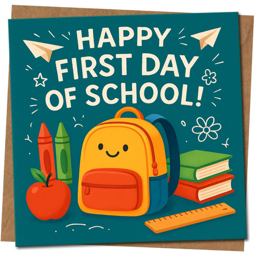 Happy First Day of School Card - Cute School Bag, Books and Crayons Design - Back to Good Luck Card for Kids - 145mm x 145mm Square, Includes Kraft Envelope