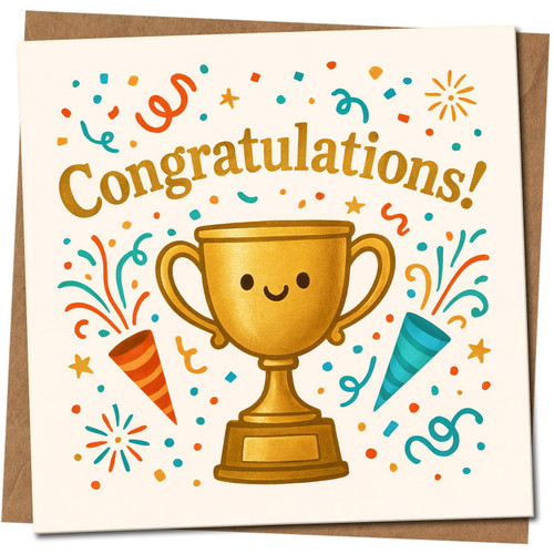 Congratulations Trophy Cup Card - Cute Confetti Celebration, 145mm x 145mm, Includes Kraft Envelope