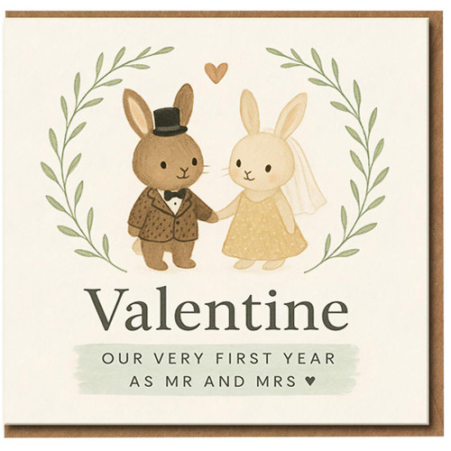 Valentine's Day Card for Spouse - Our Very First Year as Mr and Mrs - Cute Bunny Bride & Groom Illustration, First Married Valentine, For Husband or Wife