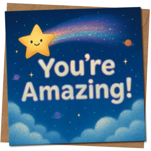 You're Amazing Star Greeting Card, Cute Space Design, Thank You or Encouragement, 145mm x 145mm Square Card, Includes Kraft Envelope