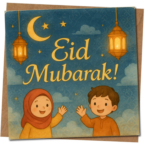 Eid Mubarak Greeting Card 145mm x 145mm - Cute Kids, Moon and Lanterns Islamic Celebration Square Card, Includes Kraft Envelope