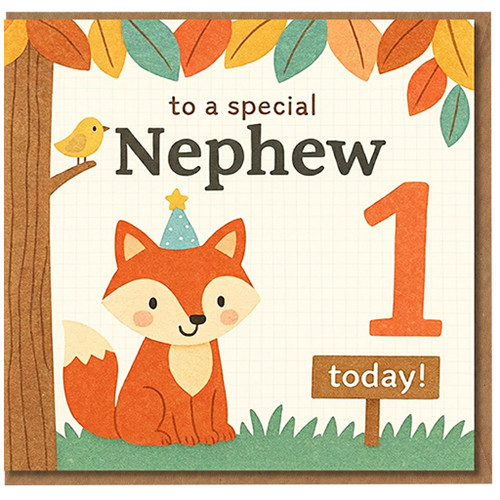 Nephew 1st Birthday Card, Cute Woodland Fox Birthday Card