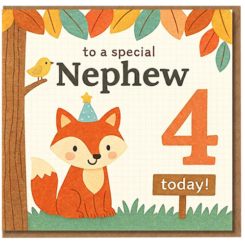 4th Birthday Card for Nephew, Cute Woodland Fox Card