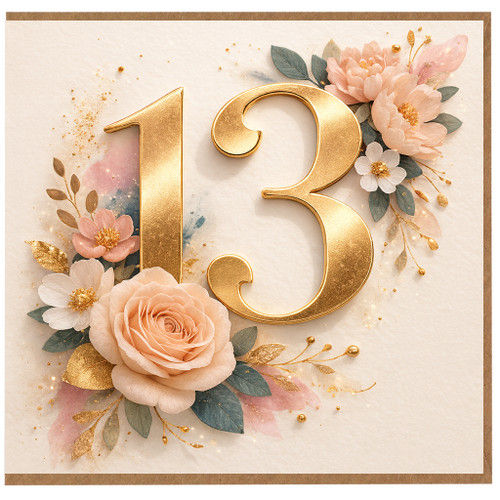 13th Birthday Card, Elegant Gold Number 13 Floral Design