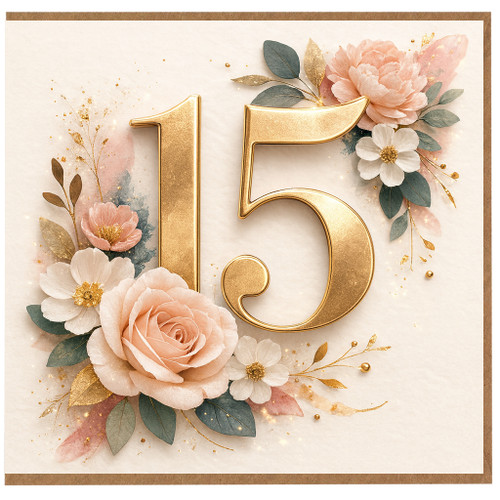 15th Birthday Card, Floral Gold Number 15 Card