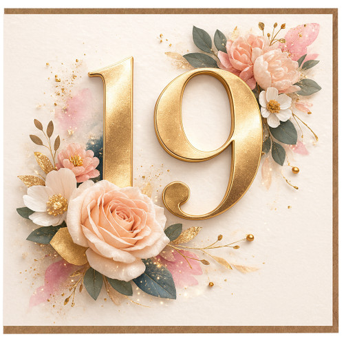 19th Birthday Card, Floral Gold Number 19 Greeting Card