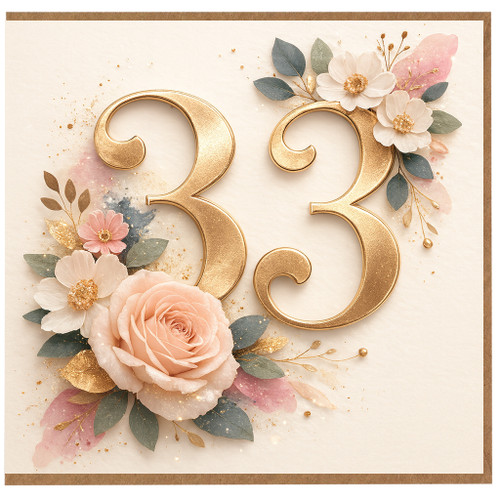 33rd Birthday Card, Floral Gold Number 33 Card